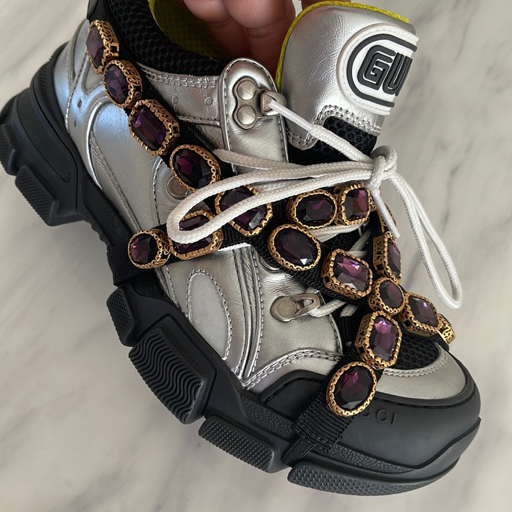 GUCCIMetallic Calfskin Mesh Removable Crystals Flashtrek Sneakers SOLD